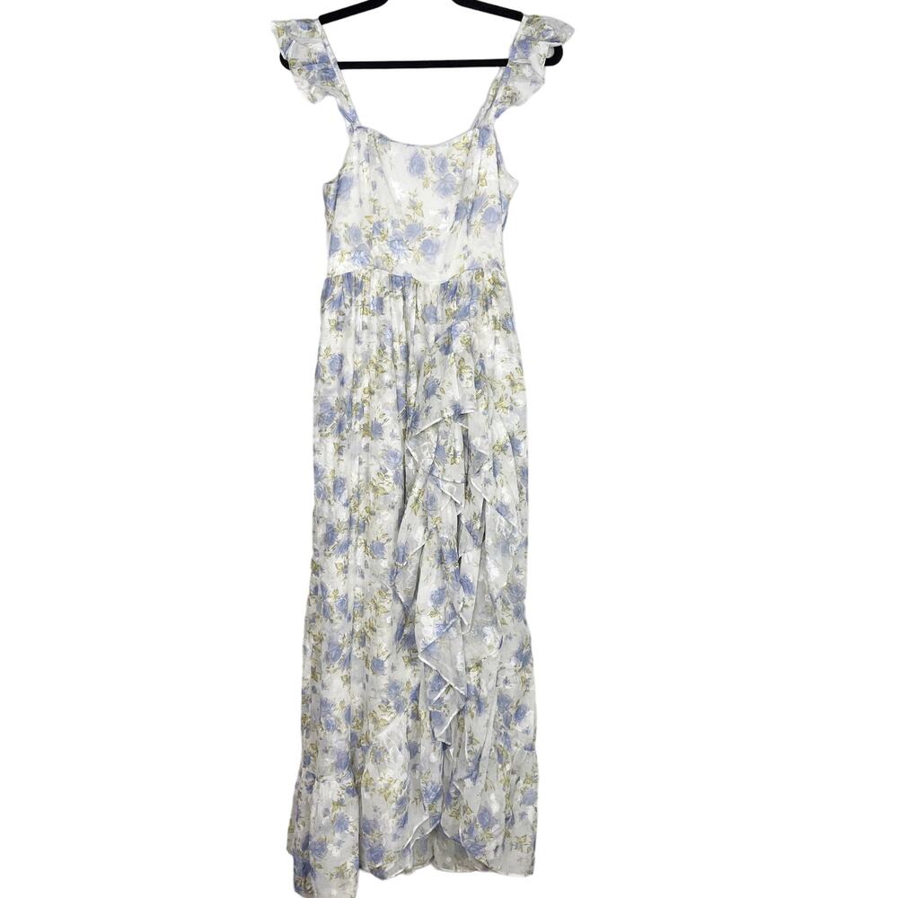 New Storia Small S White Blue Floral Maxi Dress Ruffle Slit Front Square Neck